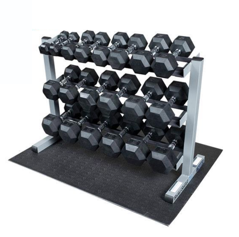 Commercial 5 50lb Rubber Hex Dumbbell Package with Rack Mat